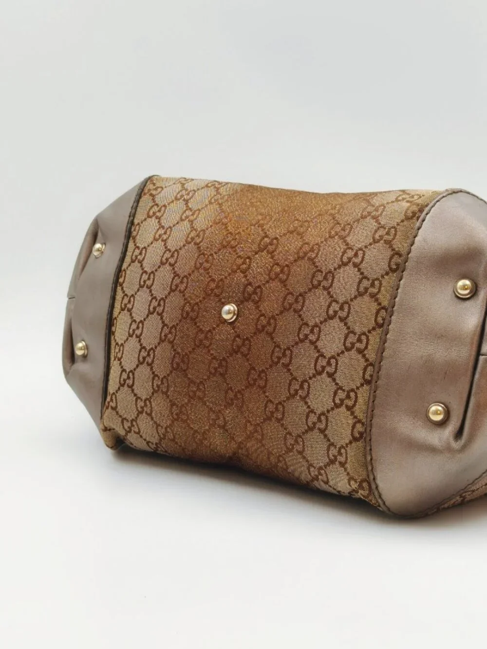 Gucci GG Monogram Canvas Boston Shoulder Bag Brown Leather Heart Charm